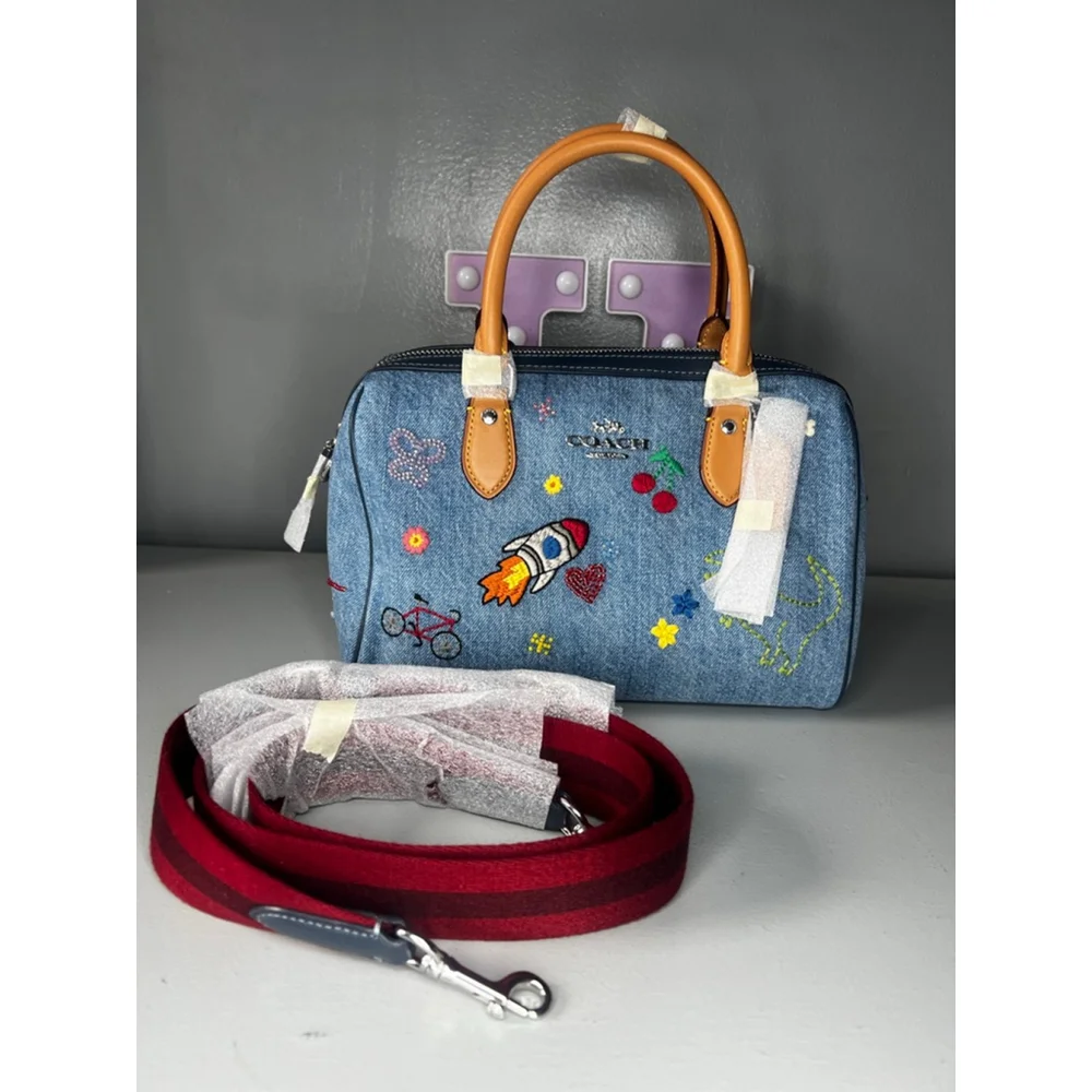 Rowan Satchel Bag In Signature Denim With Patches International Exclusive